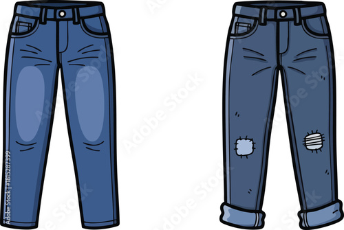 Two pairs of blue denim jeans one plain and one with rips and rolled cuffs on a white background