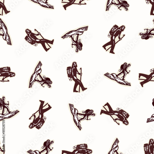 Pilgrim man figure with backpack seamless vector pattern. Hand drawn black and white religious christian pilgrimage background. For hiking all over print. 