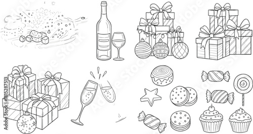 Christmas holiday sketch set, gift boxes, wine bottle, champagne toast, cheese platter, cookies, and candies, black and white vector illustration.