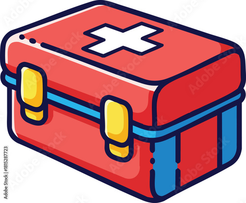 Red First Aid Kit With White Cross Symbol And Blue Straps Isometric View