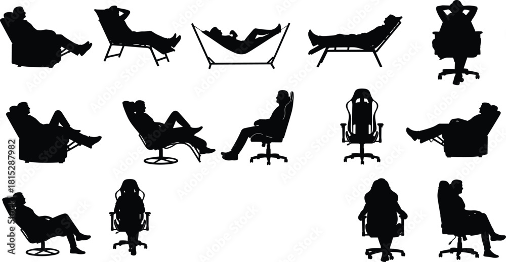 Naklejka premium Silhouette collection of people relaxing in recliner chairs, hammocks, and office seats, showing various comfortable resting poses, leisure positions, relaxation