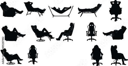 Silhouette collection of people relaxing in recliner chairs, hammocks, and office seats, showing various comfortable resting poses, leisure positions, relaxation