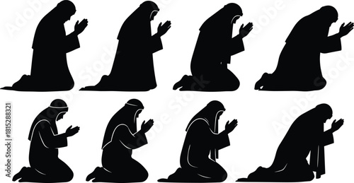 Silhouette figures kneeling in prayer, religious devotion poses, spiritual worship illustration, humble praying people vector set for faith concepts