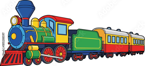 Colorful Vintage Steam Train With Passenger Cars Traveling On White Background