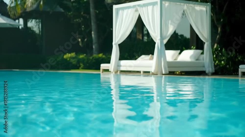 Serene resort canopy bed white cushion by sparkling pool for ultimate tranquility and relaxation, luxurious cabana escape