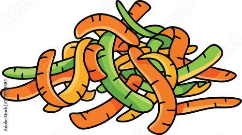 Pile Of Carrot And Zucchini Vegetable Peels With Orange And Green Colors Isolated On White Background