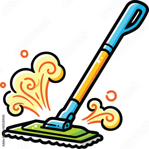 Cartoon Mop Cleaning Floor With Swirls of Dust and Bubbles Against White Background