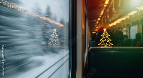Cozy Holiday Train Ride with Sparkling Christmas Tree Lights Reflected in Window and Blurred Winter Scenery