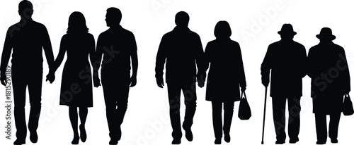 Silhouette generations of people walking together, family couples and seniors on white background, concept of life stages, unity, community illustration