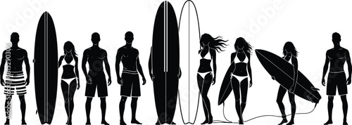 Silhouette group of surfers standing with surfboards on beach, summer coastal lifestyle, outdoor water sport activity illustration for travel and adventure themes