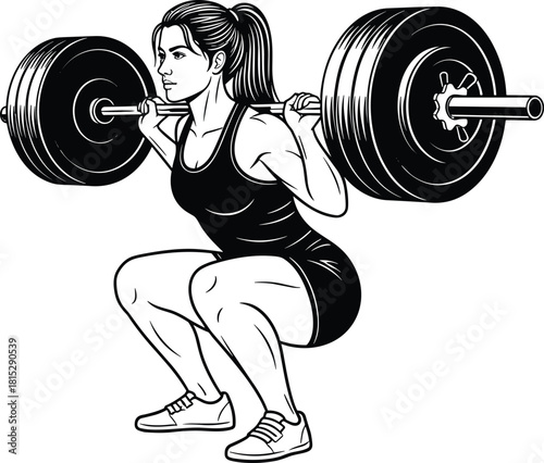 Silhouette illustration of woman performing heavy barbell squat exercise, strength training, fitness workout, bodybuilding, gym powerlifting pose, athletic training artwork