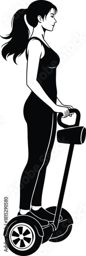 Silhouette of a young woman riding electric self balancing scooter, modern personal transportation device illustration, active lifestyle vector design graphic