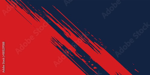 A dynamic abstract background features a bold contrast of red and navy blue separated by angled brush strokes, creating a visually striking and textured composition