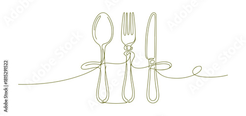 An uninterrupted line drawing of kitchen tools. Spoon, fork, and knife for embellishing a restaurant menu in a clean linear design. Stroke can be edited. Doodle vector illustration.

