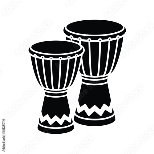 Two black silhouette djembe drums on a white background
