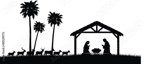 Christmas Nativity scene silhouette, Holy Family in stable, palm trees, and animals walking in grass, vector illustration.