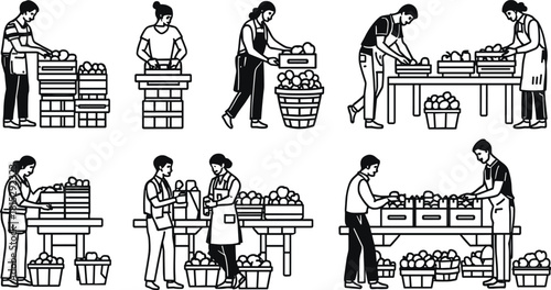 Black and white line art illustrations of people working at a fruit market with crates and baskets of produce