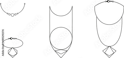 Black and white line art illustrations of three different necklaces and pendants