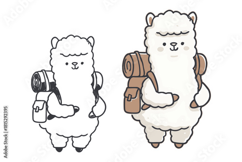 Cartoon llama traveler with backpack hiking mountain nature adventure trip