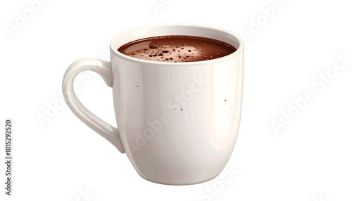 Warm, white mug with chocolate beverage and slight froth visible