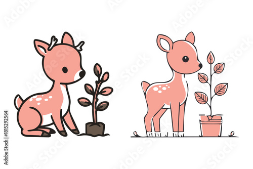 Adorable cartoon deer and fawn planting seedlings, nature conservation, organic gardening, cute forest animals, vector illustration.