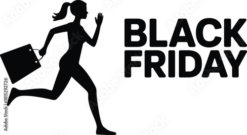 Black Friday sale concept with running woman silhouette holding shopping bag and bold text