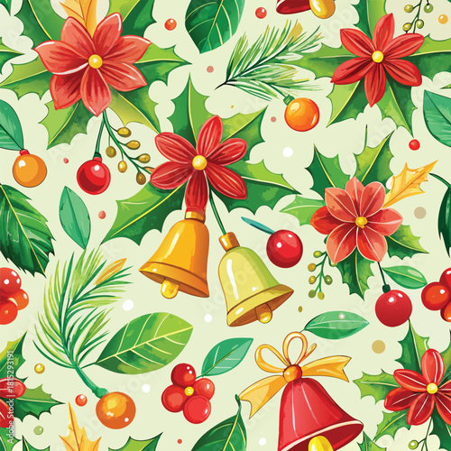 Vintage red vector pattern with Christmas bells, seamless floral leaf wallpaper illustration, and berry fruit decoration