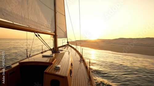 Ocean sailboat sailing journey at sunset, serene water travel on tranquil sea, golden hour glow, peaceful boat adventure, joy of sea exploration