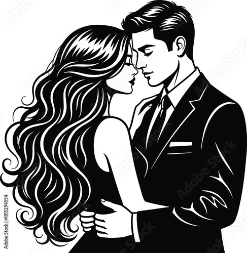 Romantic couple illustration, elegant love artwork, intimate modern drawing, affectionate man and woman embrace, stylish relationship vector design