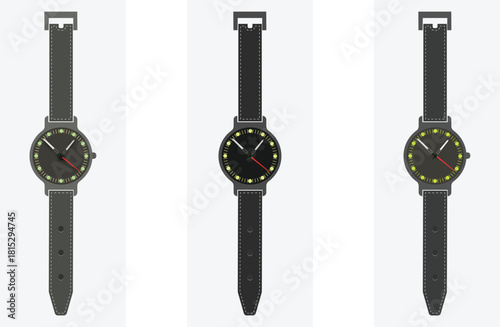 Three modern wristwatches with dark faces and contrasting hands are displayed side by side.