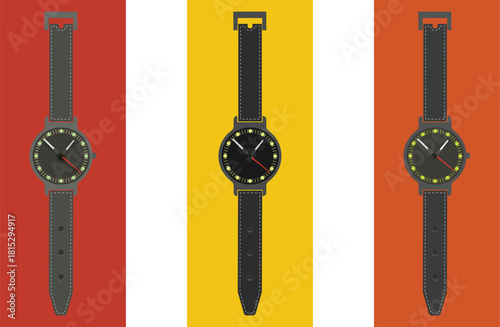 Three contemporary wristwatches are displayed vertically against colorful, contrasting backgrounds.