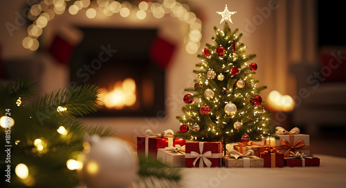 Celebrate Christmas joy with a beautifully decorated tree and presents near a cozy fireplace
