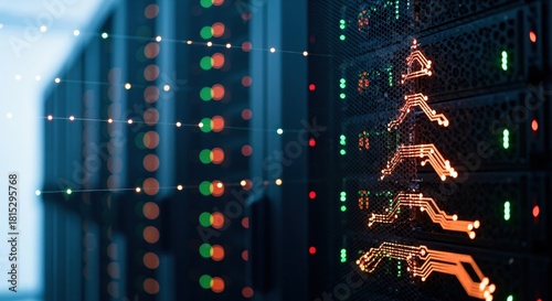 Festive Circuit Board Christmas Tree on Server Racks in a Data Center with Blinking Network Lights and Bokeh Effect