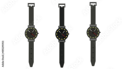 Three minimalist wristwatches with black straps and dark faces are displayed against a white background.