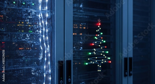 Holiday season in a data center with glowing Christmas tree lights on server racks, symbolizing festive technology.