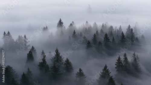 Thick morning fog drifts through a scenic, forested Pacific Northwest landscape near Portland, Oregon. Fog and mist forms when moist air cools to its dew point, causing water vapor to condense.