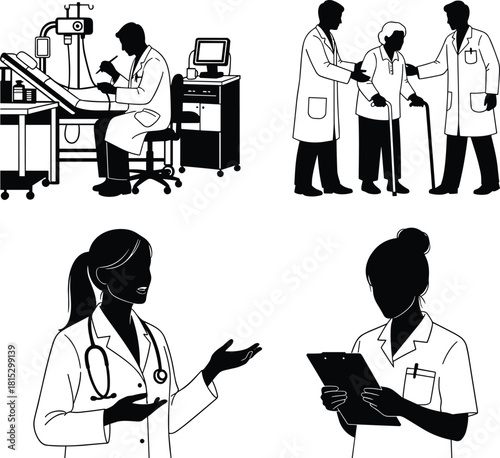 Medical professionals illustration set, doctors and nurses silhouettes, healthcare workers vector, patient care scene, hospital staff artwork, medical team design