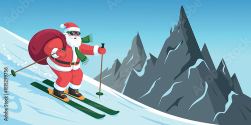 Santa Claus Skiing poster, Festive Christmas Holiday Winter Sport Adventure in Dolomites