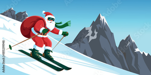 Santa Claus Skiing, Happy Father Christmas Skier on Dolomites Mountain Slope