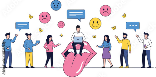 People communicating with expressive emojis, digital conversation, social interaction, emotional expression, online messaging, teamwork, diverse characters, communication concept illustration