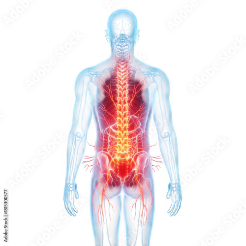 Anatomical illustration of human back with painful glowing spine isolated on transparent background