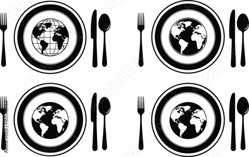 Global food concept illustration with world map on plates, international cuisine symbolism, sustainability awareness, global dining theme, black and white artwork
