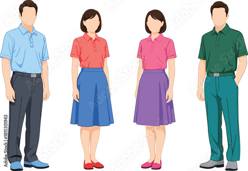 Group of faceless cartoon people in casual clothing standing together, diverse male and female characters illustration, modern flat vector style