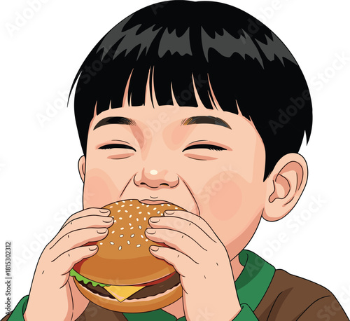 Happy cartoon child enjoying delicious burger meal with smile, cute kid eating fast food illustration, joyful snack time concept artwork