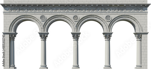 Historic architectural arcade with ornate stone arches, classical columns, detailed carvings, vintage design elements, ancient structure illustration, decorative facade artwork