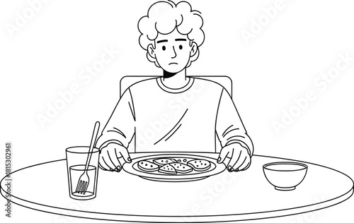 Illustration of a boy sitting at a table with a plate of food, drinking glass, and bowl, expressing concern while eating