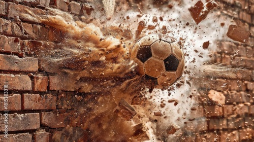 Impact of Soccer Ball Breaking Through Brick Wall with Dust Clouds