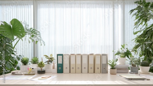 Bright and Organized Office Desk with Green Plants and Binders