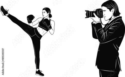 Female kickboxer illustration, high kick pose, male photographer vector art, sports and photography concept, dynamic action and creative profession design
