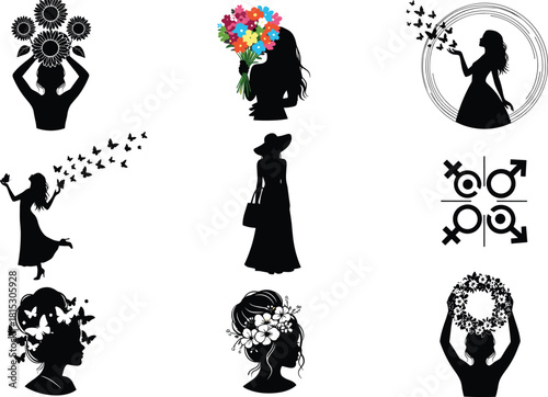 Female silhouette floral collection, women with flowers illustration set, nature and beauty vector art, elegant feminine design, decorative graphic pack